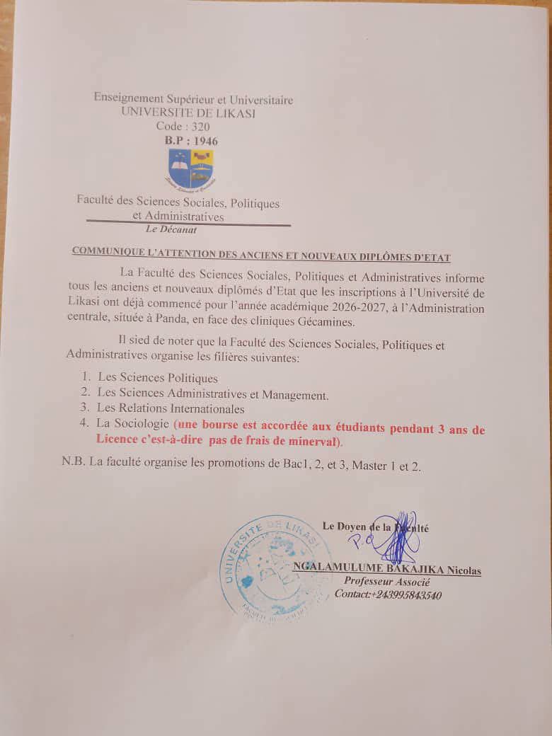 UNIVERSITÉ DE LIKASI (UNILI) BOURSE D’ÉTUDES À 100 % EN SOCIOLOGIE